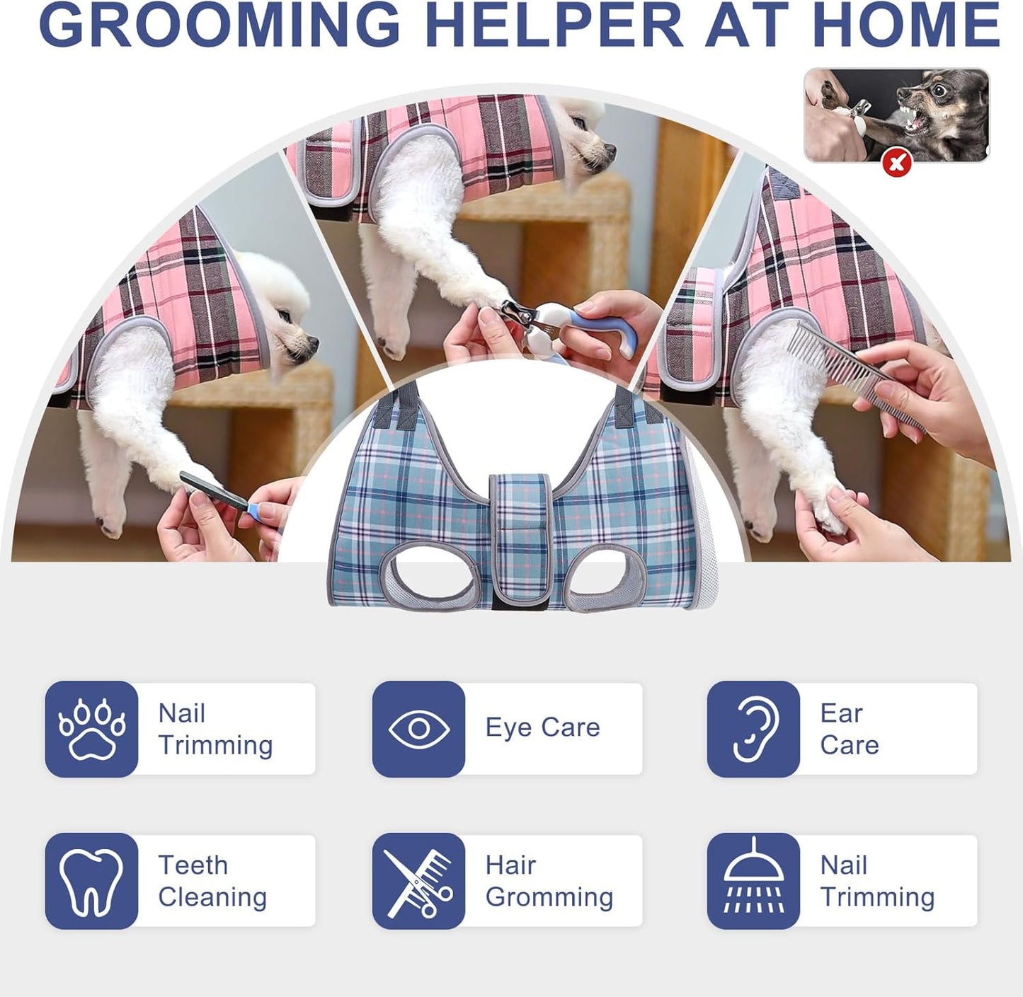 BEAUTYZOO Dog Grooming Hammock, Medium Dog Sling for Nail Trimming, Dog Hanging Harness for Claw Care with Thick Fabric Neck Support Wide Strap Restraint Cat Grooming Hammock, Blue L