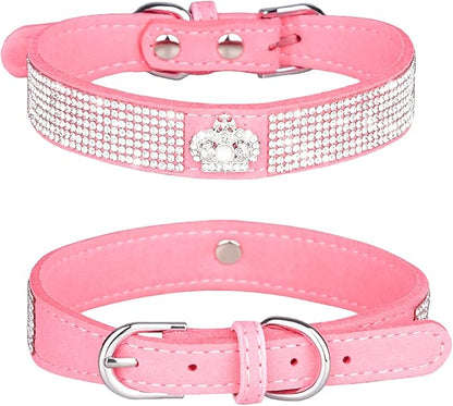 Rhinestone Dog Collar, Cute Dazzling Sparkling Soft Suede Leather Adjustable Pet Dog Cat Collar Crystal Diamond for Puppy Small Medium Large Dogs (XS:21-26cm, Pink-4)