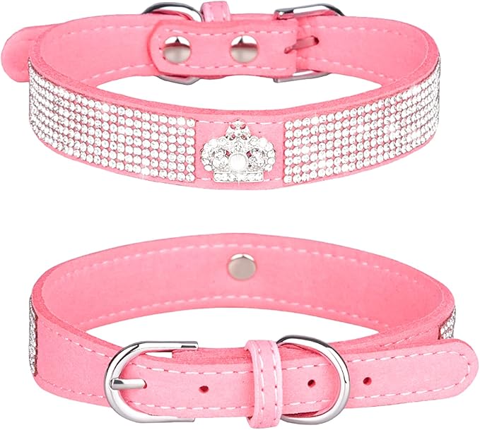 Rhinestone Dog Collar, Cute Dazzling Sparkling Soft Suede Leather Adjustable Pet Dog Cat Collar Crystal Diamond for Puppy Small Medium Large Dogs (M:32-38cm, Pink-4)