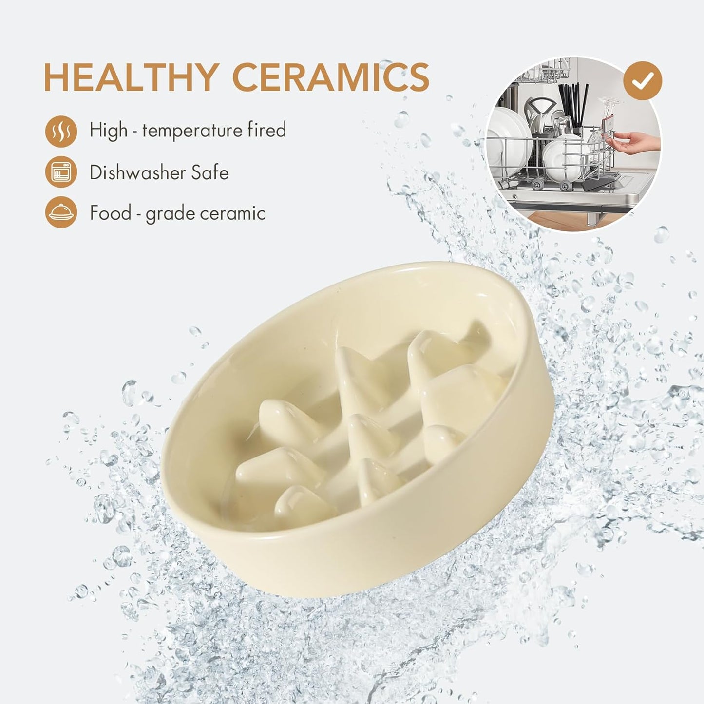 Ceramic 1.2 Cup Dog Bowl Slow Feeder, 7.3 inch Slow Pet Food Dish for Medium and Small Dog, Stop Bloat, Preventing Choking(Single Bowl, Beige)