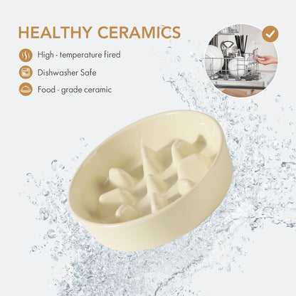 Ceramic 1.2 Cup Dog Bowl Slow Feeder, 7.3 inch Slow Pet Food Dish for Medium and Small Dog, Stop Bloat, Preventing Choking(Single Bowl, Beige)