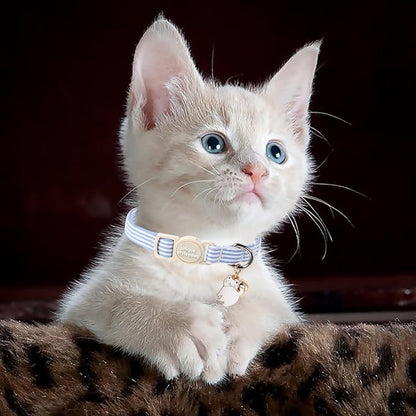 Unique style paws 2 Pack Spring Summer Kitten Collar Breakaway with Bell&Pendant, Adjustable Safety Blue Pink Stripe Cat Cotton Collar for Girl Boy Cat and Small Pet