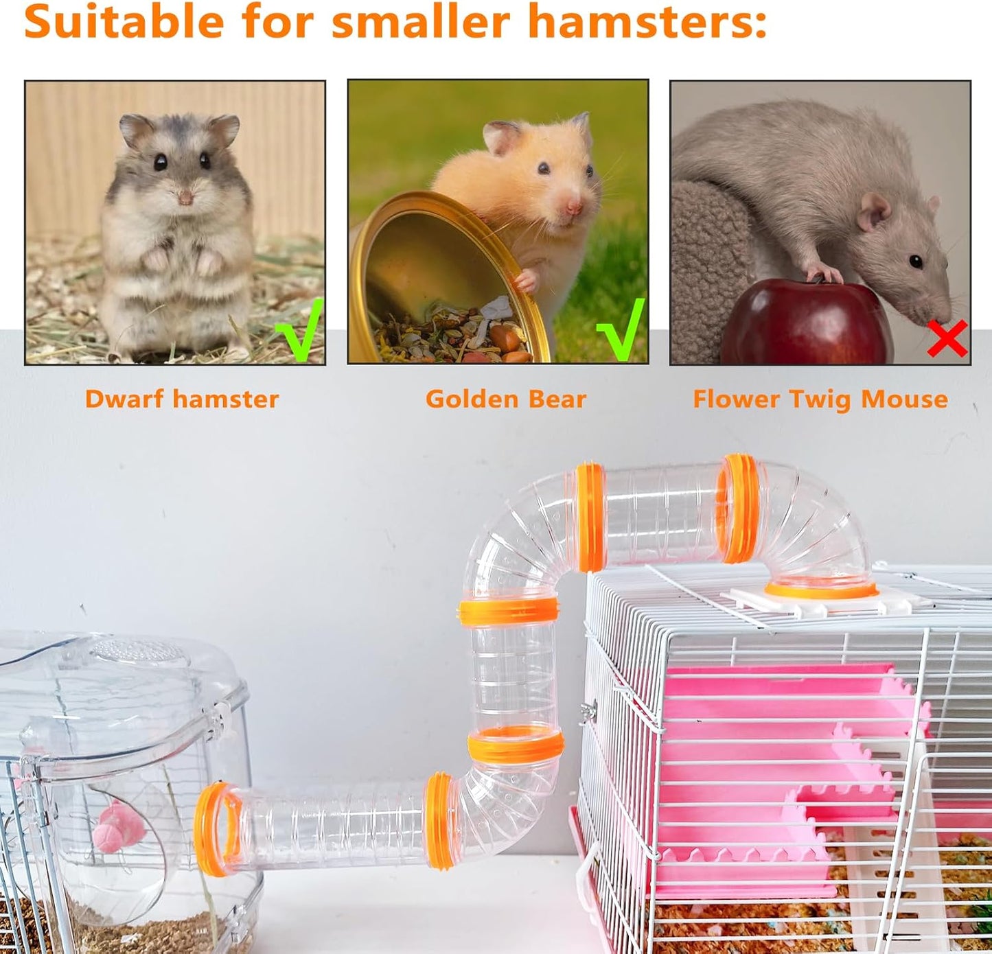 8PCS Hamster Tunnel Tube DIY Assorted Toy Transparent Adventure Pipe Playground Excercise Set for Mouse Syrian Hamster Gerbil (Orange)