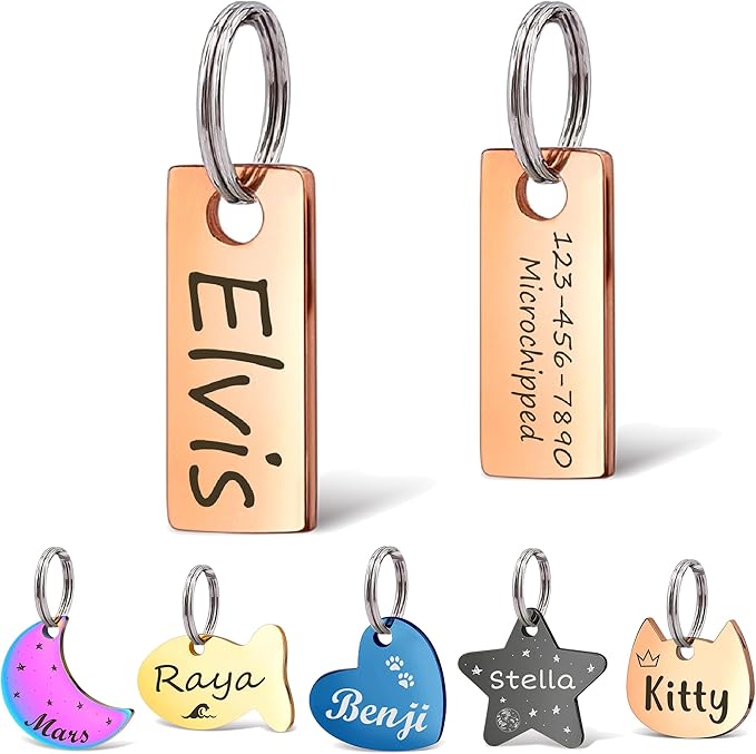 Anavia Small Size Dog Cat ID Tags, Small/XS Personalized Color Plated Stainless Steel Puppy Kitten Name Tags, Customized Engraved Nameplate Pet Collar Tag (Rose Gold, XS-Rectangle)