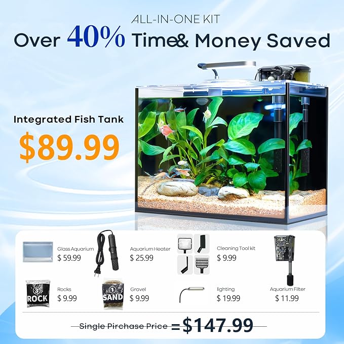 5 Gallon Small Aquarium Set Glass Fish Tank 6 Gallon, Starter Kit with Heater Self Cleaning System Filter Bright Light Rocks Gravel Cleaning Tool, Leak-Proof Clear Rimless Betta Plants