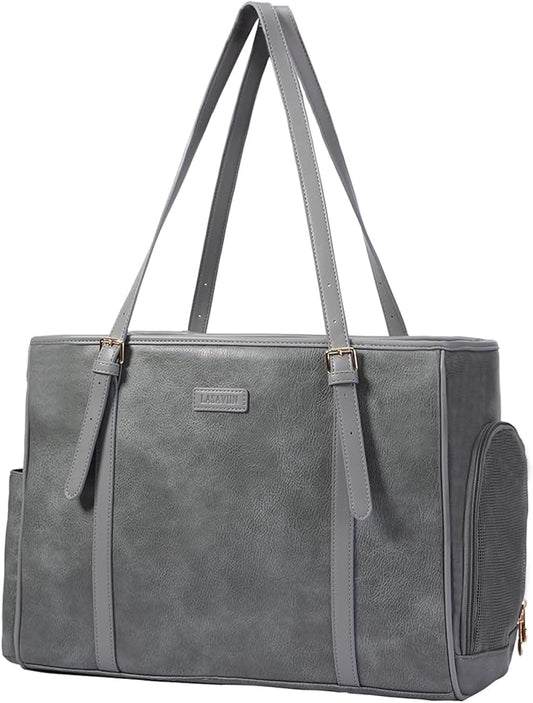 Fashion Dog Purse Pet Carrier Leather Bag for Small Dogs Cats Puppy, Portable Tote Bag Airline Approved Soft-Sided Carriers (Grey)