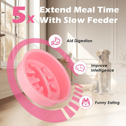 SHAINFUN Pink Elevated Dog Bowl Stand with Two 1700ml Stainless Steel Food Bowls, Slow Feeder and Spill Proof Mat, Adjustable Feeder for Large, Medium and Small Dogs
