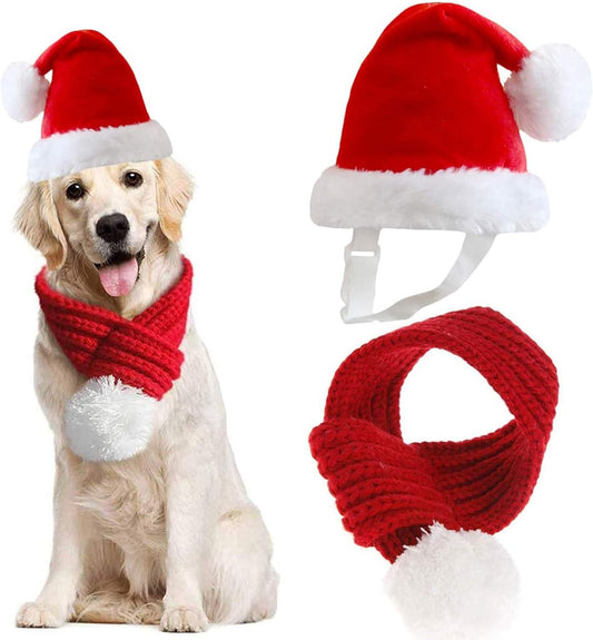 Inscape Data Christmas Dog Santa Hat with Adjustable Scarf, Red Knit Scarf with White Pompom Ball, Dog Winter Neck Warmer, Christmas Party Dressup