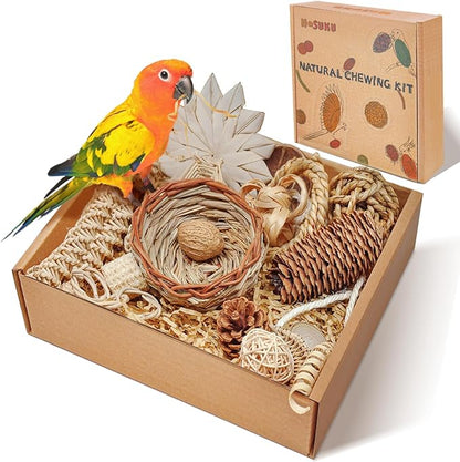 Natural Bird Foraging & Shredding Toys Box - Handmade Rattan Chewing Toys for Parakeets, Cockatiels, Conures, Lovebirds & Small to Medium Birds
