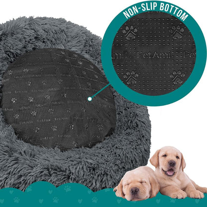 PetAmi Calming Dog Bed for Small Medium Dogs and Cats, Round Donut Washable, Fluffy Faux Fur Plush Cuddler Pet Kitten Cushion, Anti-Slip, Fits up to 45 lbs, 30 inch, Dark Gray