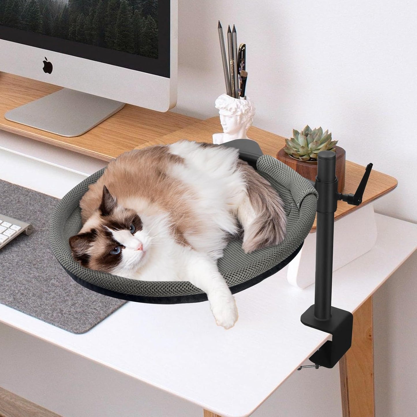Cat Desk Bed - Sturdy Cat Bed for Desk with 360° Rotating & Adjustable Height, Elevated Cats Nest Perch for Desk, Grey