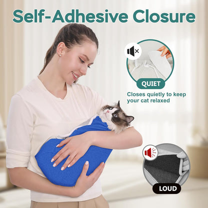 Self-Adhesive Cat Grooming Wrap, Cozy Cat Wrap for Cutting Nails, Breathable Anti-Scratch Cat Swaddle Bag for Brushing, Ear Cleaning, Dental Care, Medication, Injections,Blue L