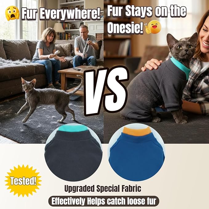 T'CHAQUE Sticky Hair Cat Onesie - Soft Long Sleeve Cat Pajamas, Anti-Shedding,Surgery Recovery Suit, Wound Protection & Preventing Licking, Kitten Sweaters for Male Female, Blue-M