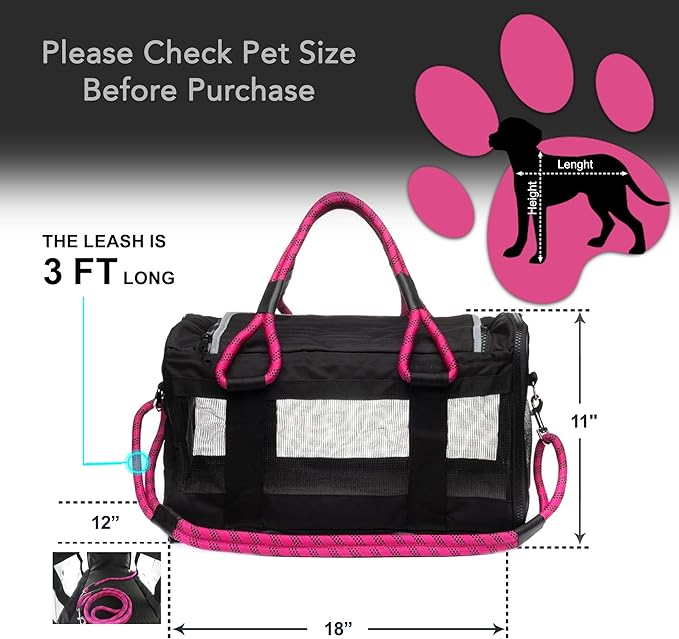 | TSA Airline Approved |Soft Sided Pet Carrier | Cat Carrier | Dog Carrier| Pets Up to 15 lbs | Leash & Luggage Strap | Black with Pink Handle