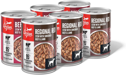 ORIJEN Real Meat Shreds Wet Dog Food Variety Pack: Regional Red + Beef Recipes 12.8oz Cans (6 Count, 3 of Each)
