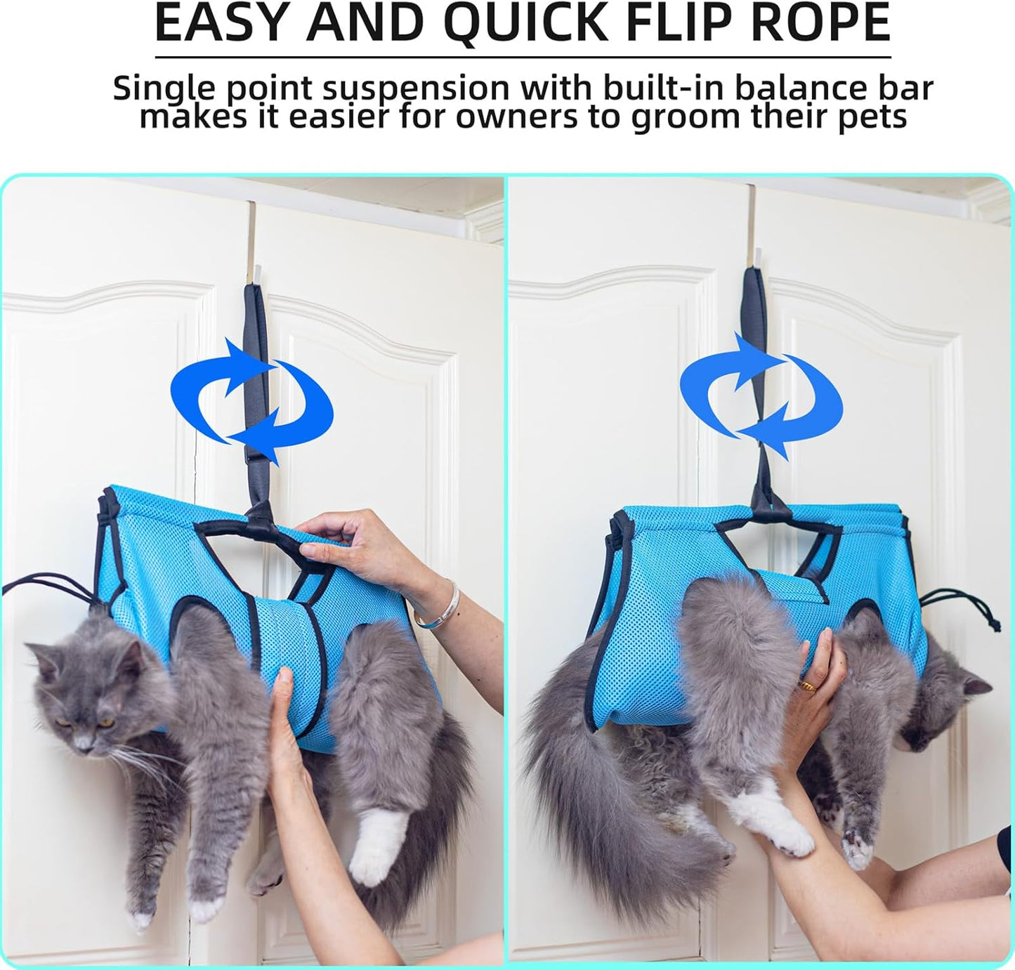 Pet Grooming Hammock for 6-11 lbs Pets - Adjustable Height, Tool Bag, 30 lb Capacity, Door-Hook Hanging, Foldable, Blue