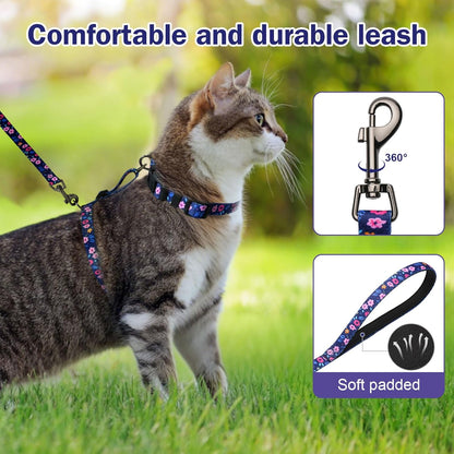 Hikiko Cat Harness and Leash Set Escape Proof Adjustable Walking Travel Cute Kitten Harness for Small Medium Large Cats (Navy Blue Floral, M)