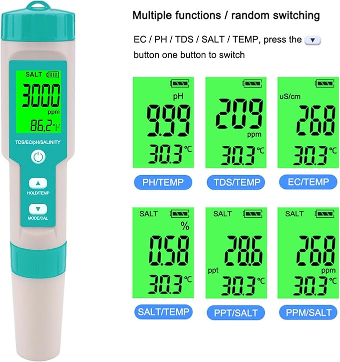 Aquarium Salt Tester -Pool Salt Tester, Versatile 5 in1 Salinity, PH, TDS, EC, and Temperature Meter, Digital Salinity Tester for Saltwater Aquarium, Accurate Salinity Meter,Green