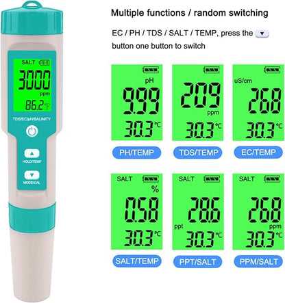 Aquarium Salt Tester -Pool Salt Tester, Versatile 5 in1 Salinity, PH, TDS, EC, and Temperature Meter, Digital Salinity Tester for Saltwater Aquarium, Accurate Salinity Meter,Green