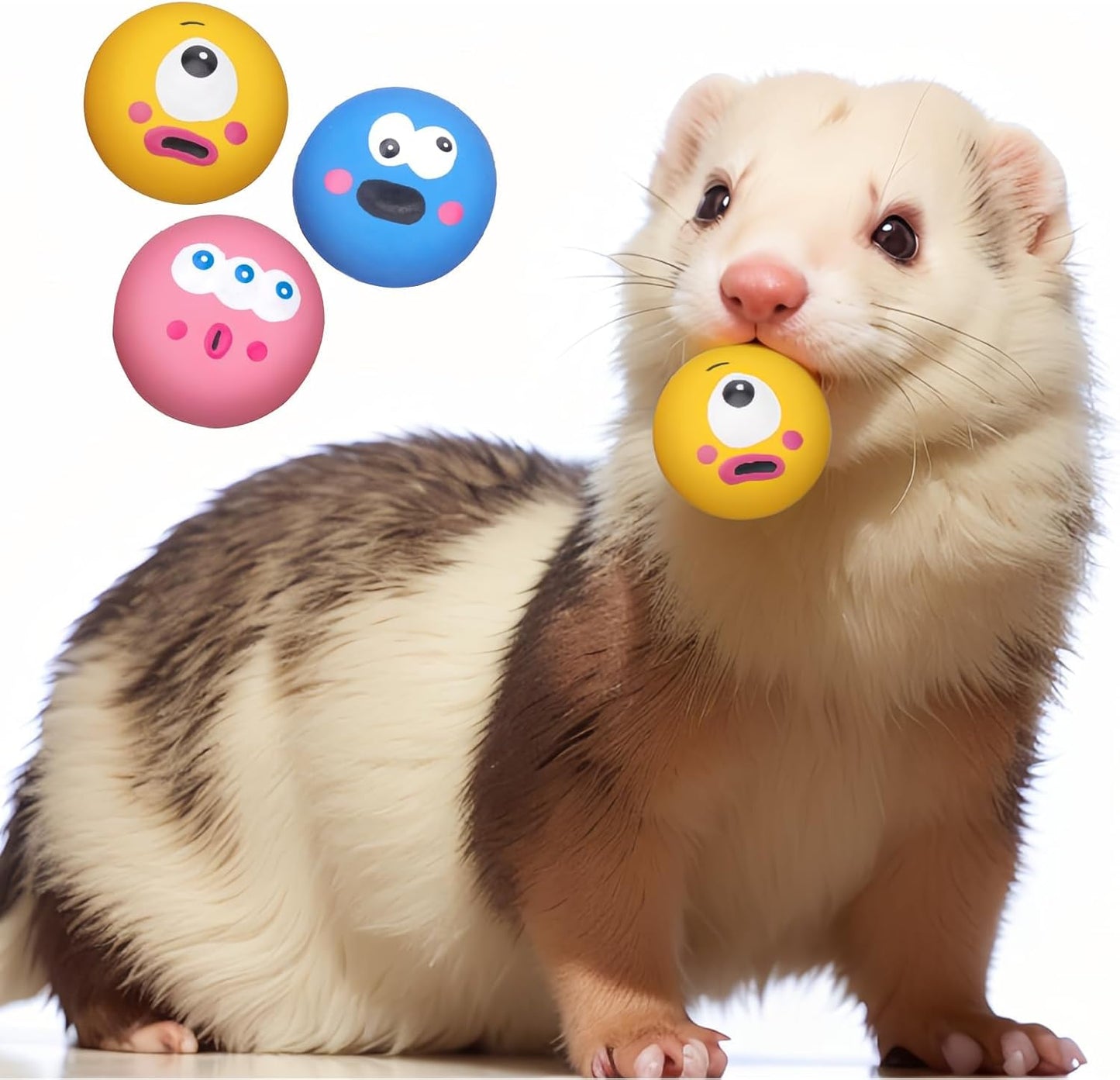 Natural Rubber Squeaker Toys for Ferret,High Elasticity Ferret Latex Squeaker Balls 3 Pack,Tough Teething Toys Big Eyes Printed Toy Ball for Small Dogs,Easy to Clean