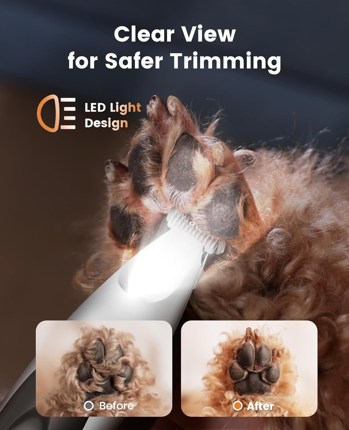oneisall Low-Noise Dog Paw Trimmer with LED Light, Paw Trimmer for Dogs &Cats 0.8inch/20mm Wide Blade, 35dB Cordless Electric Pet Paw Grooming Clippers for Paws, Ears, Face, Rump