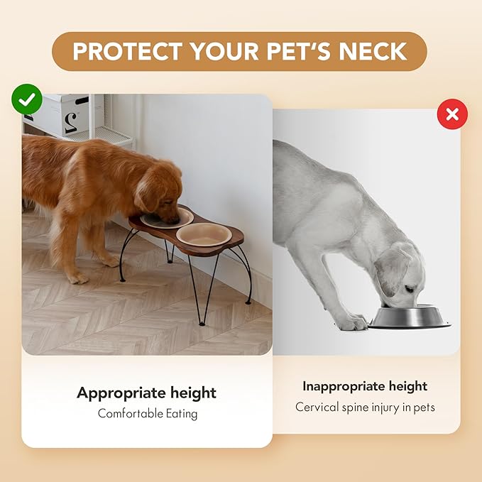 Ceramic 8.7-inch Raised Double-Bowl Set with Non-Slip Stand, Food & Water Dishes for Large Dogs, Wide Opening with Rounded Edges(Oat Beige)