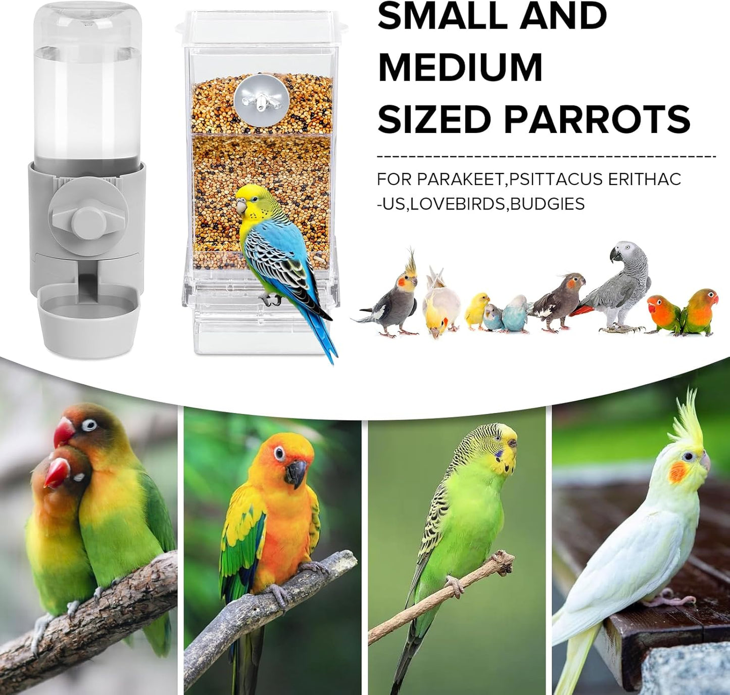 No Mess Bird Feeder Water Dispenser Set, Bird Feeder for Cage, Cage Accessories for Cockatiels, Finches, Budgies and Canaries