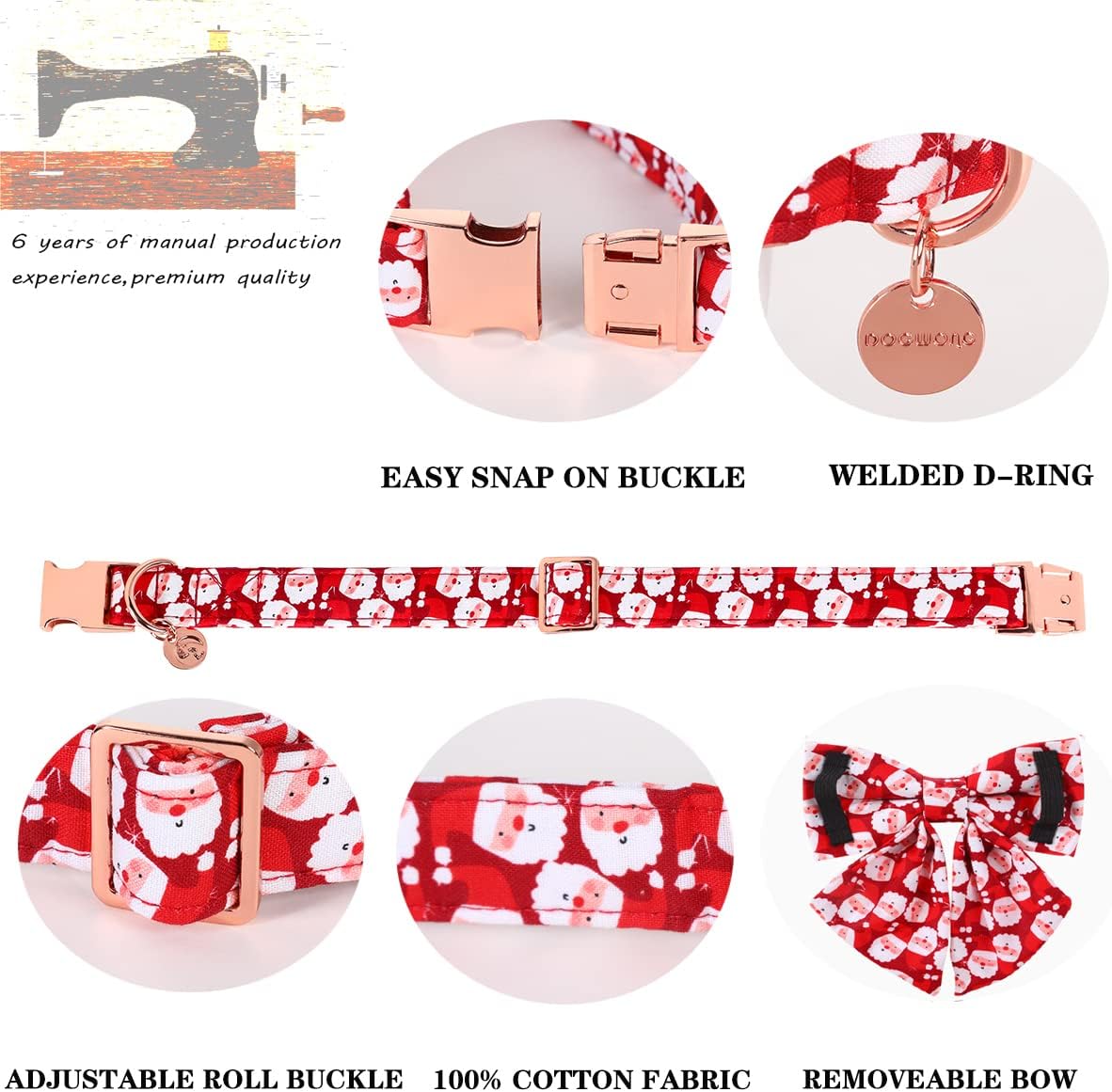 DOGWONG Christmas Dog Collar with Sailor Bow, Red Santa Claus Dog Collar Soft Durable Adjustable Cotton Puppy Collar for Small Medium Large Dog