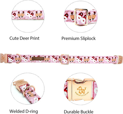Elegant little tail Christmas Dog Collar, Pink Deer Print Pet Collar Dog Durable Cute Dog Collars Winter Holiday Male or Female Pet Gift Adjustable Dog Collar for Medium Dogs