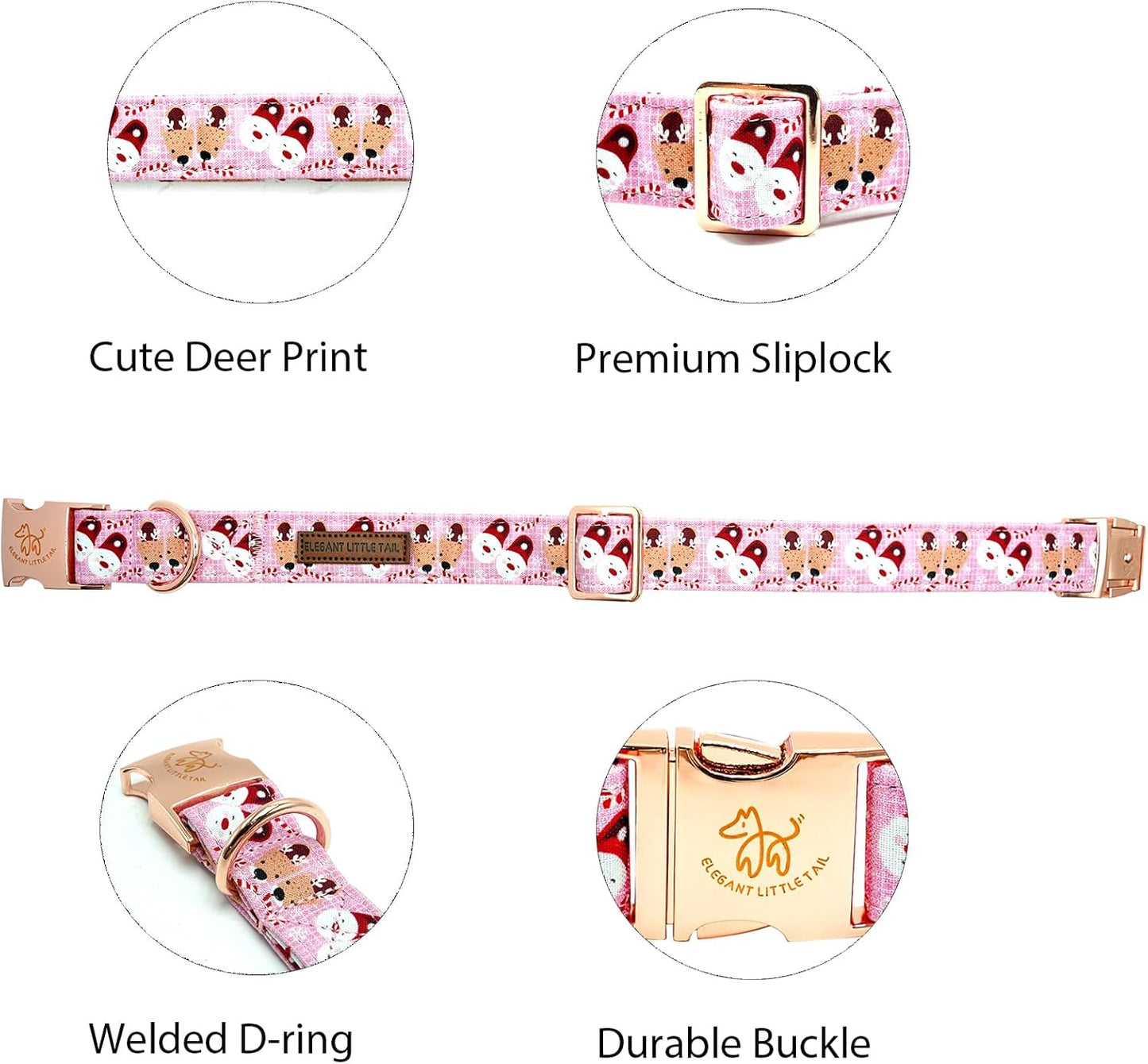Elegant little tail Christmas Dog Collar, Pink Deer Print Pet Collar Dog Durable Cute Dog Collars Winter Holiday Male or Female Pet Gift Adjustable Dog Collar for Large Dogs