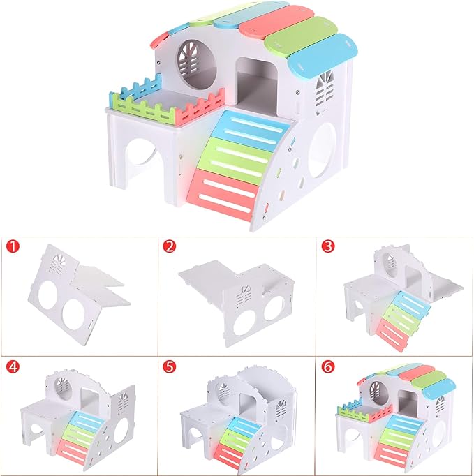 Skylety 3 Pieces Fun Hamster Toys Guinea Pig Hideout Include PVC Hamster House, Rainbow Bridge, Seesaw Toy DIY Exercise Play Toys for Rats Mouse Small Animals (Large, Rainbow Color)
