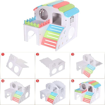 Skylety 3 Pieces Fun Hamster Toys Guinea Pig Hideout Include PVC Hamster House, Rainbow Bridge, Seesaw Toy DIY Exercise Play Toys for Rats Mouse Small Animals (Large, Rainbow Color)