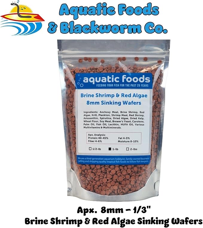 Aquatic Foods Inc. 8mm - 1/3" Brine Shrimp & Red Algae Color Enhancing Sinking Wafers for Shrimp, Snails, Crabs, Plecos, Catfish. Bottom and All Tropical Fish...WL…1-lb Foil Pouch Bag