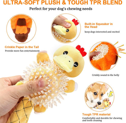 Non-Stuffed Plush Dog Toys 3-Pack - Sized for Small, Medium & Large Breed Puppies, Interactive Squeaky Crinkle Chew Toys