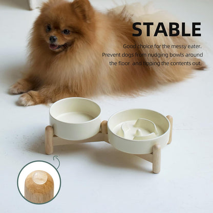 Ceramic 0.9 Cup Raised Slow Feeder Dog Bowl Set, Elevated 5.1inch Water Bowl and 6.1inch Puzzle Slow Pet Food Dish with Wooden Stand for Small Dog and Cat, Anti-Gulping (2 x Beige+ Stand)
