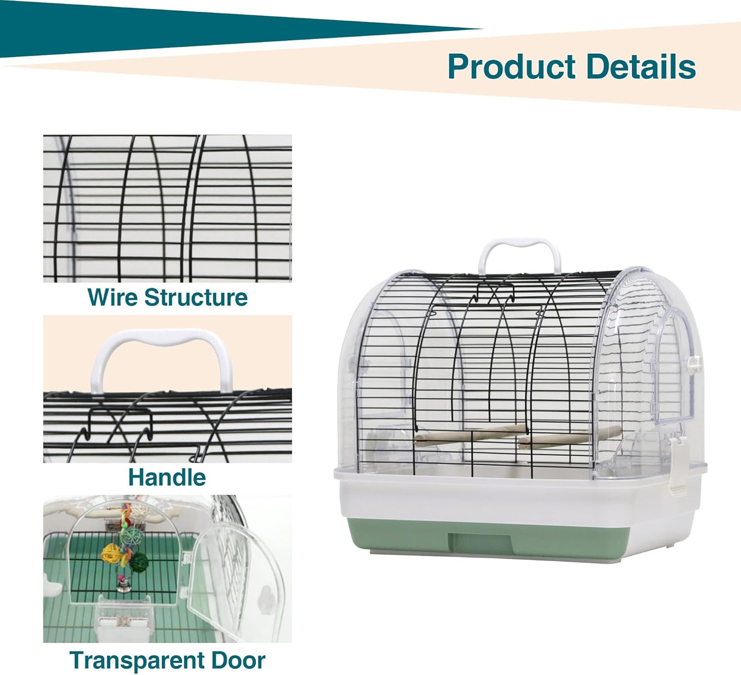 Portable Bird Cage Carrier, Travel Parrot Cage with 2 Perches, 2 Food Bowls and Tray, Metal Parakeet Cages for Small to Medium Sized Birds Cockatiels Lovebirds Canaries Budgies