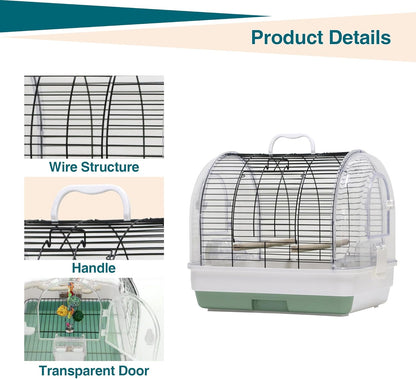 Portable Bird Cage Carrier, Travel Parrot Cage with 2 Perches, 2 Food Bowls and Tray, Metal Parakeet Cages for Small to Medium Sized Birds Cockatiels Lovebirds Canaries Budgies