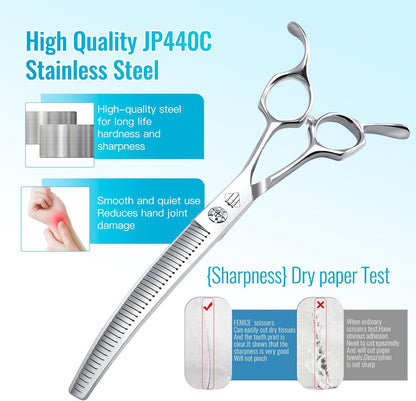 Professional Curved Thinning Scissors for Dog Grooming, 30-Degree Curvature, Japanese 440C for Trimming Dogs Cats and Other Pets face and paws (Curved Blender)