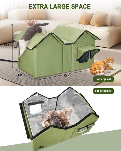 Extra Large Heated Cat House for Outside in Winter, Elevated Heated Outdoor Cat House Weatherproof with Heating pad, Insulated Outdoor Cat Shelter for Multiple Cats Small Dogs(Green)