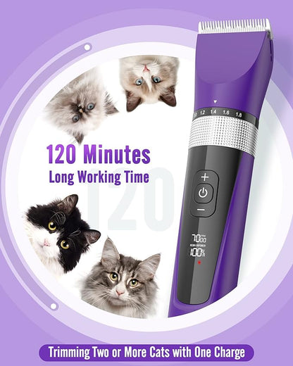 oneisall Cat Grooming Clippers for Matted Long Hair, 5-Speed Cat Grooming Kit Cordless Low Noise Pet Hair Clipper Trimmer Shaver for Dogs Cats Animals (Purple)