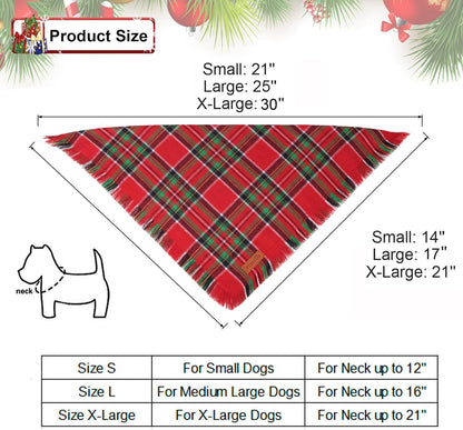 PTDECOR Christmas Dog Bandanas with Tassels Edges, 2 Pack Red Green Plaid Scarf Bib, Reversible Triangle Xmas Bandanas for Extra Large Dogs (X-Large)