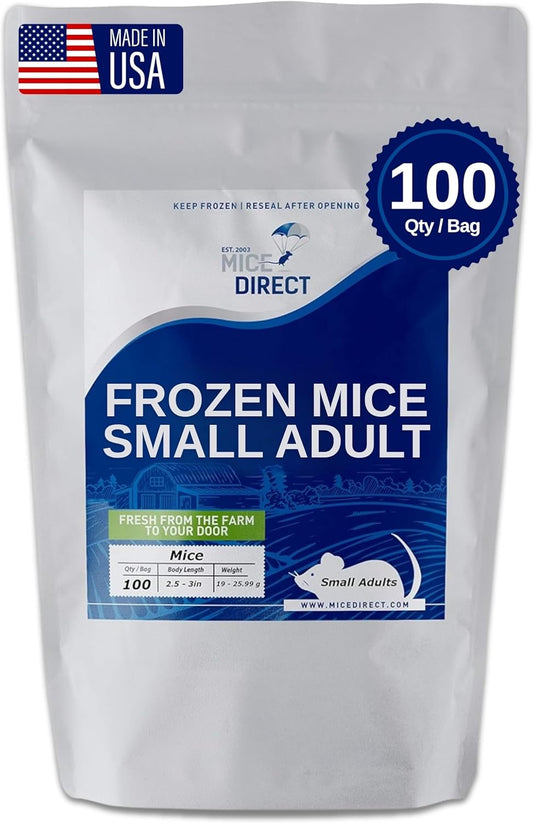 MiceDirect EST. 2003 100 Frozen Mice Small Adult Feeders Snake Food for Juvenile Red Tail Boas Ball Pythons Adult Sand Boas Milks Corn (2.5-3 in) (1900 Grams Min)