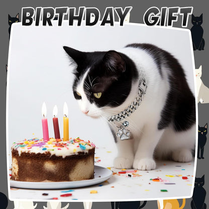 Hillban Cat Collar Diamond Chain Glitter Collar Walking Metal with Secure Buckle Cat Pet Necklace with Paw Charm and ID Tag Bell Link Cuban Jewelry Accessories(8 Inch,Steel Black, White)