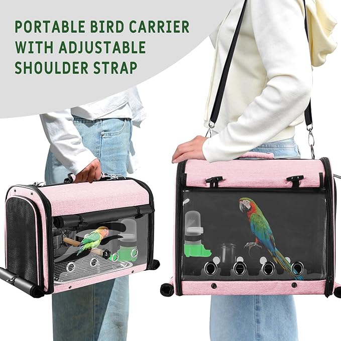 Sanmoncare Bird Carrier Bag Cockatiel Travel Cage with Stand, Lightweight Travel Carrier for Small Bird, Portable Parrot Travel Bag, Pet Transparent Travel Backpack