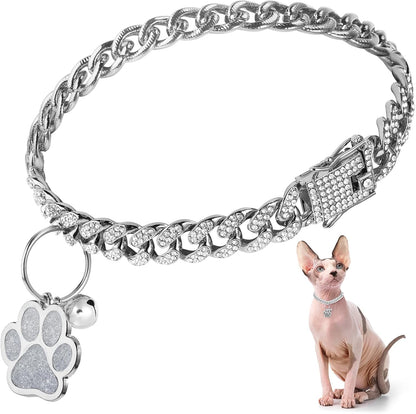 Hillban Cat Collar Diamond Chain Glitter Collar Walking Metal with Secure Buckle Cat Pet Necklace with Paw Charm and ID Tag Bell Link Cuban Jewelry Accessories(8 Inch,Silver)