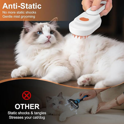 Steam Brush for Cat & Dog – 3-in-1 Spritz Pet Spray Hair Removal Comb for Grooming & Shedding Steam – Water Brush for Long & Short Haired Pets– Includes Two Bottles Waterless Shampoo