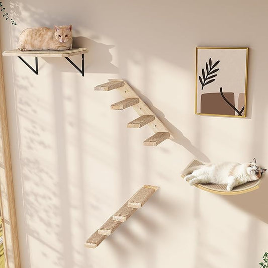 Wall Mounted Cat Shelves Stairs Set, 4 Piece Wood Cats Wall Furniture with Sisal Cat Window Perch, Flat Perch & Dual 4-Step Ladders for Climbing & Scratching