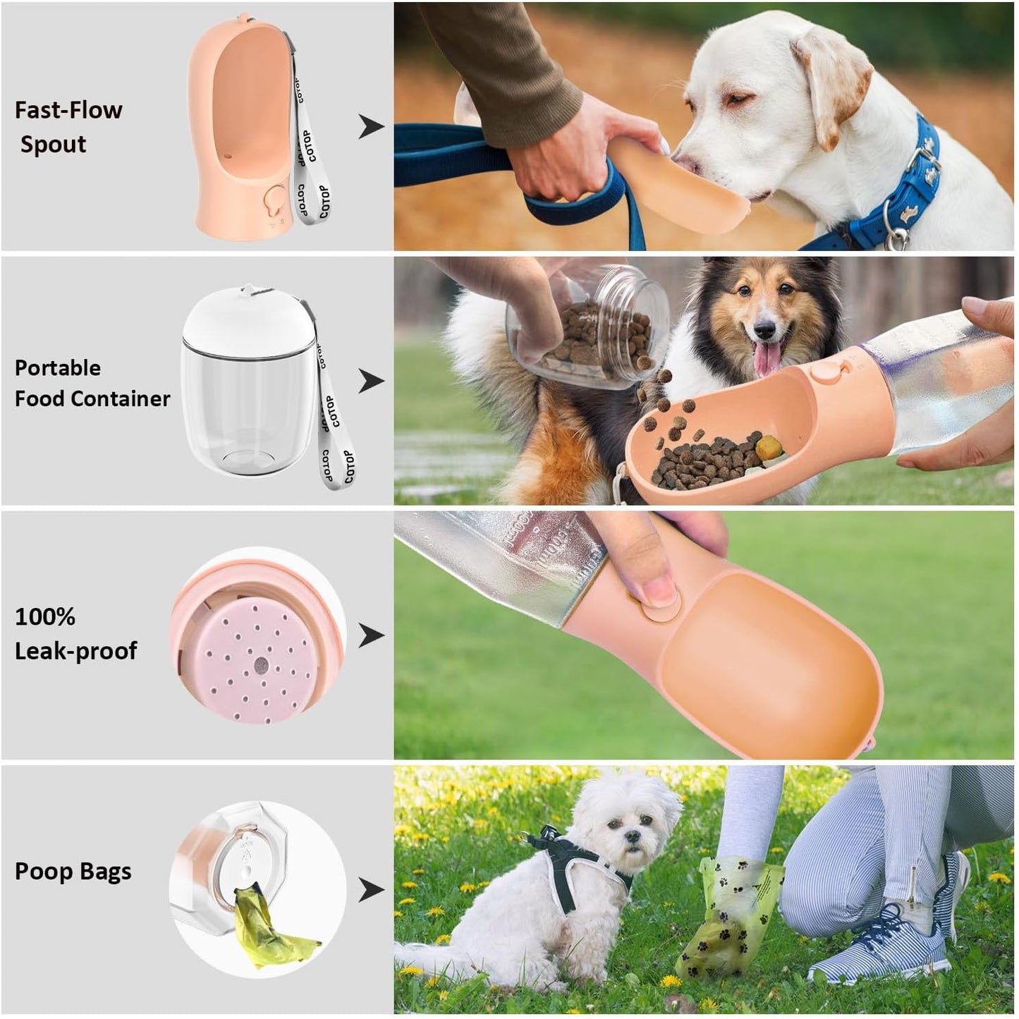 20oz Dog Water Bottle with Food Container & Poop Bag Dispenser | Leak-Proof Portable Pet Water Dispenser with Carabiner Clip | for Walking, Hiking, Travel (Peach, 20oz)