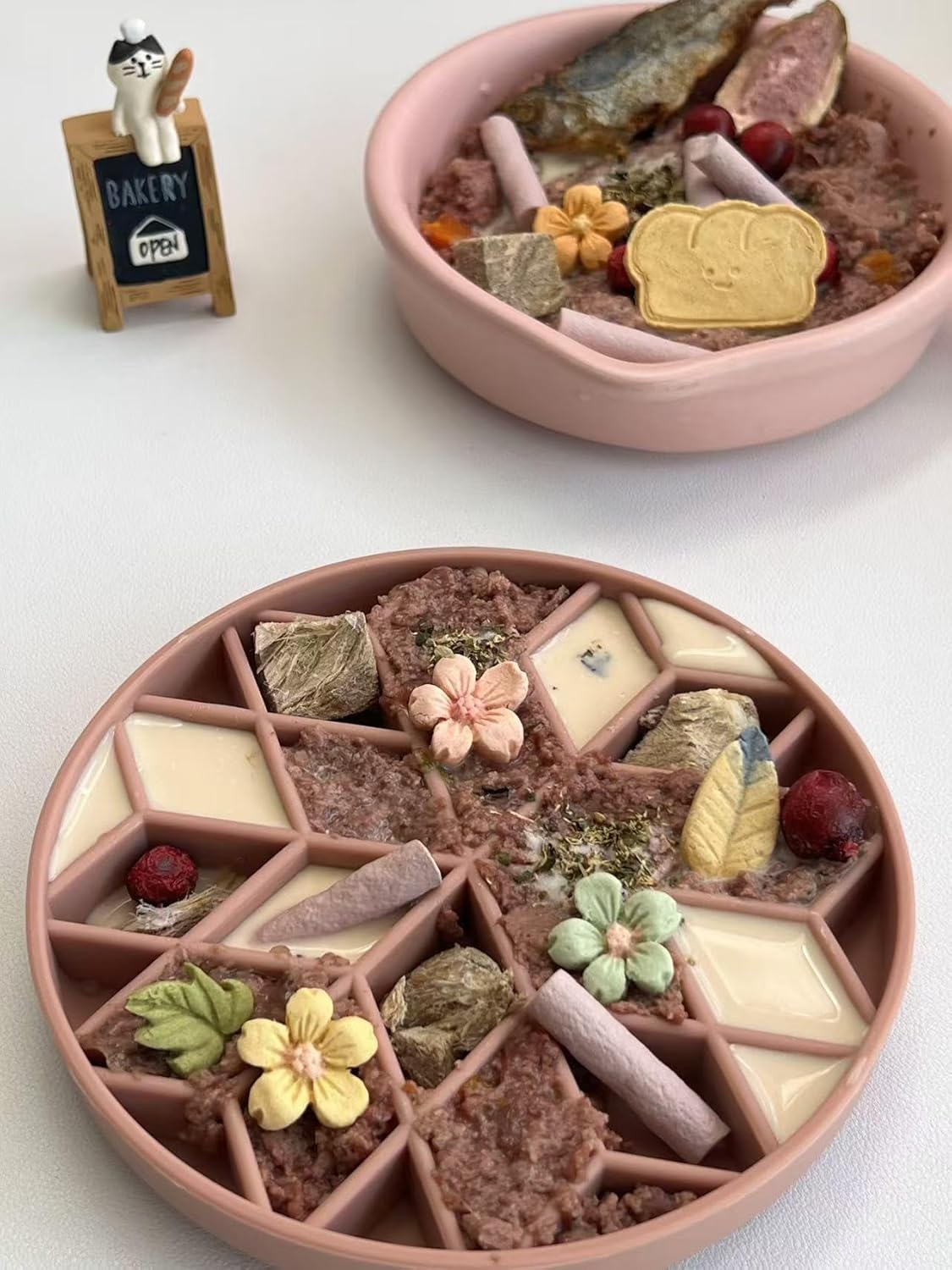 OHMO Slow Feeder Dog Bowls (Diamond, 8" Coral) Enrichment Toy Soft Silicone Food Safe Feeding Bowl Non Slip Suction Cup for All Breed Pet, Cat Slow Down Eating Dishes, Boredom and Anxiety Reducer