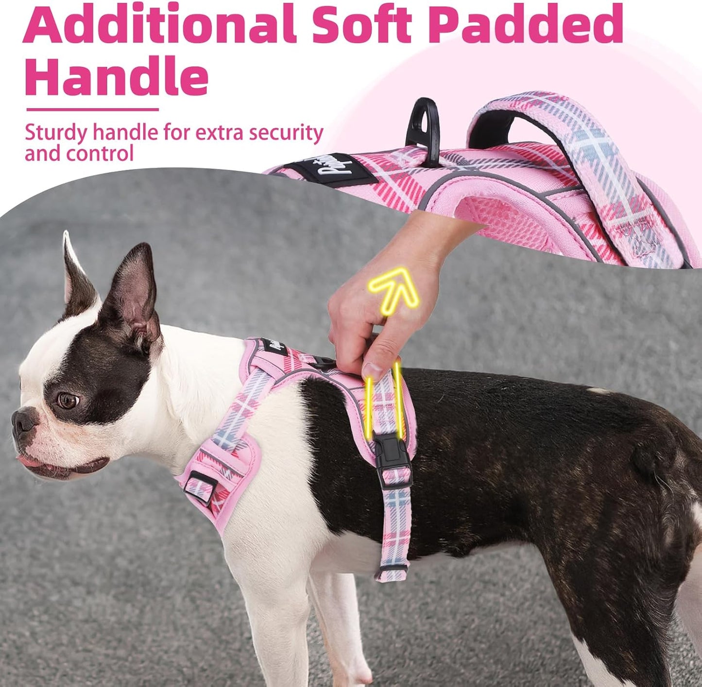 PUPTECK No Pull Dog Harness Medium Sized, Adjustable Reflective Dog Harness with Handle Easy Control, Comfortable Soft Padded Pet Vest Harness for Medium Dogs, Plaid Pink M